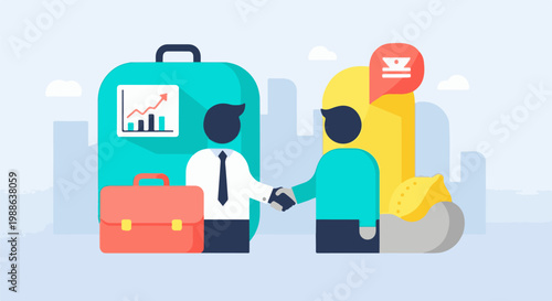 Two figures shake hands in front of a city skyline with a briefcase and graph