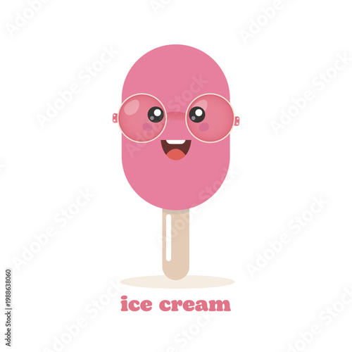 A cheerful cartoon illustration of a pink ice cream bar on a stick with anthropomorphic features. 
