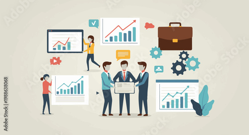 Diverse team collaborates on data analysis and strategy with charts and gears