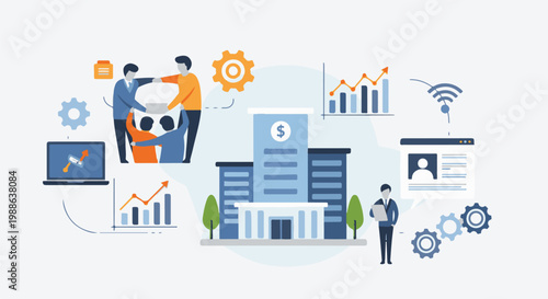 Abstract representation of business growth and data analysis, featuring a bank building, charts, and team collaboration