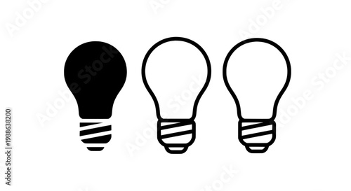 Light bulb set with black and white icons, including one filled and two outlined bulbs featuring lightbulb, idea, inspiration with innovation and