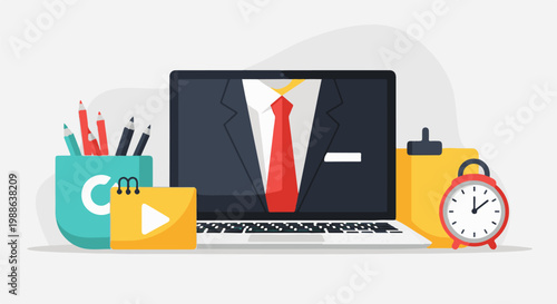 Laptop displaying a suit and tie, with art supplies, a notepad, and a clock