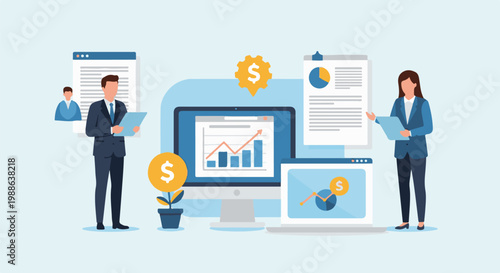 Business professionals analyze financial data and charts on various screens