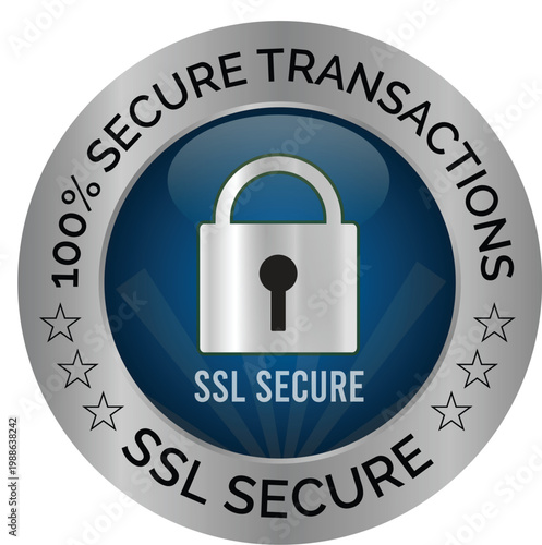 Professional "100% SSL Secure Transactions" Seal, Premium Silver & Blue Glossy Cybersecurity Trust Badge