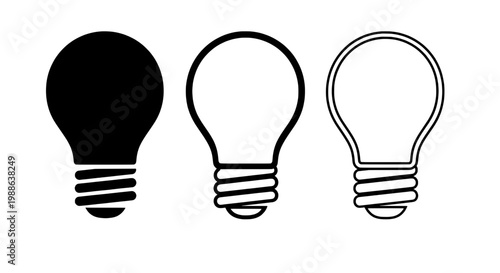Light bulb set with black filled, outlined, and line styles for creative concepts featuring lightbulb, bulbs, lighting with ideas and innovation