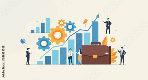 Business professionals collaborate around charts, gears, and a briefcase, symbolizing growth and teamwork