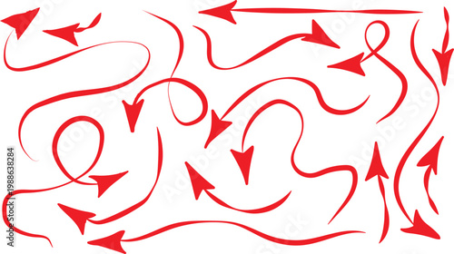 Collection of hand drawn red arrows offers numerous curved and straight shapes that serve as essential visual indicators for pointing toward important information or guiding readers across digital pag