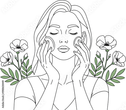 Beautiful young woman applying fresh skincare products to her face with gentle cotton pads while surrounded by lovely blooming flowers in a simple line drawing