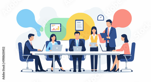 Colleagues collaborate around a table, using laptops and tablets in a modern office setting