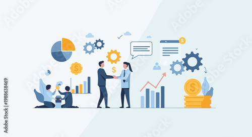 Diverse team collaborating, shaking hands, analyzing charts, and gears symbolizing business growth