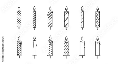 Candles hand drawn set with black lines and striped patterns, burning with small flames on top, illustration