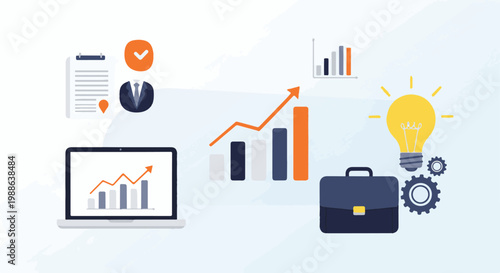 A laptop displays a rising graph, accompanied by a briefcase, a lightbulb, and business symbols
