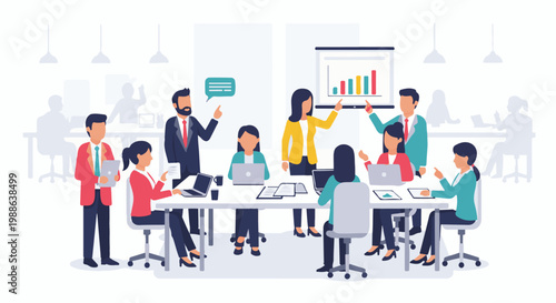 Business professionals collaborating in a meeting, presenting data on a screen