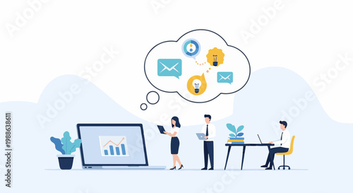 Office team collaborates on ideas and projects, showcasing digital communication and data visualization