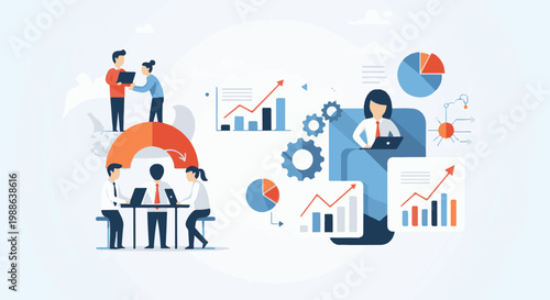 Business professionals collaborating on projects and analyzing data with charts and graphs