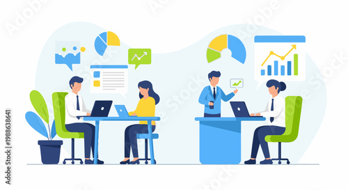 Business professionals collaborating on a project, analyzing data