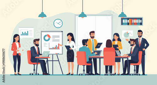 Diverse professionals in a modern office collaborate on a project, presenting data visually