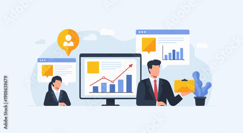 Business professionals analyze growth charts and discuss data on computer screens and in speech bubbles