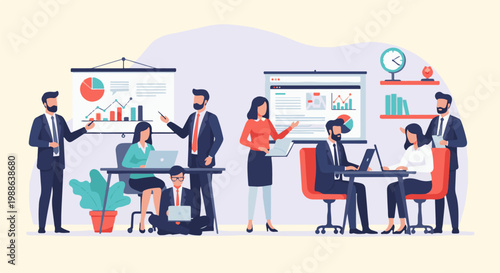 Diverse professionals in a modern office setting collaborate on data analysis