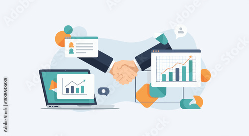 Business partners shaking hands with data charts and laptop
