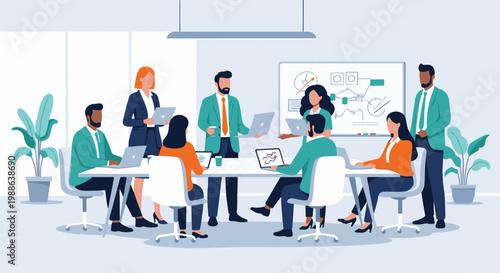 Diverse professionals collaborate in a modern office, using laptops, a whiteboard, and plants