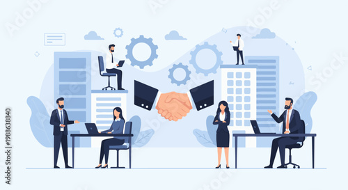 Business professionals collaborate in a modern office setting with a central handshake icon and gears