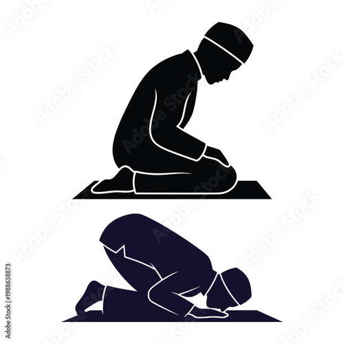 A Muslim man performing prayer in two different positions on a mat