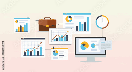 Digital analytics displayed on screens with a briefcase and clock, indicating business strategy