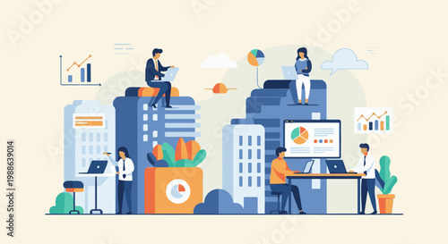 Business professionals collaborate in a modern cityscape, analyzing charts and data on laptops and screens