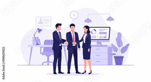 Three professionals in suits agree on a deal with a handshake in a modern office setting