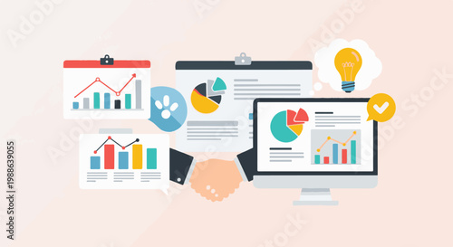 Business meeting with charts, graphs, handshake, and idea bulb