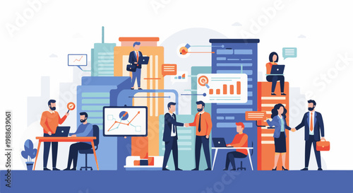 Diverse professionals collaborate on projects amidst a modern cityscape, symbolizing teamwork