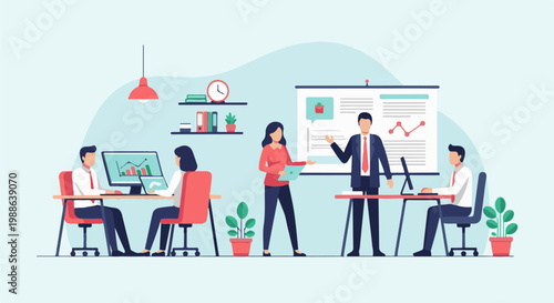 A team of professionals in an office setting, discussing and working on a presentation