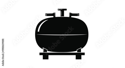 A stylized black and white illustration depicts a vintage oxygen tank with handles and base