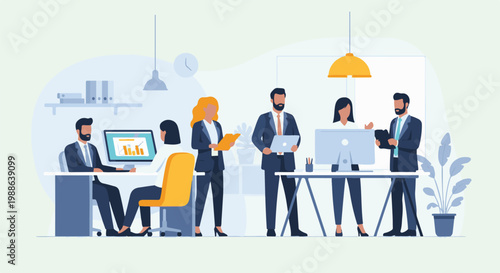 Business professionals collaborate and analyze data in a modern office setting