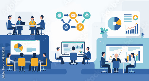 Diverse professionals collaborate around tables, presenting data through charts and graphs