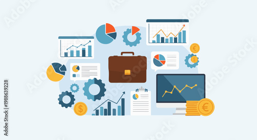 Flat design illustration of business analytics, charts, graphs, coins, and briefcase