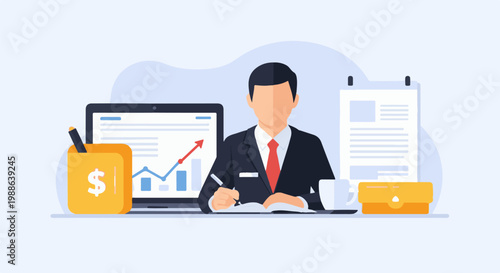 Professional at desk with laptop showing rising graph and documents