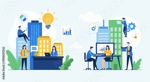 Business professionals collaborate in a modern urban setting with cityscapes, ideas, and growth charts