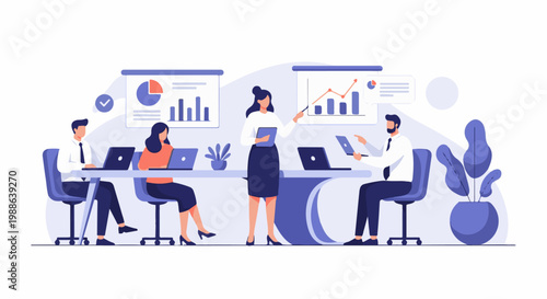Professionals in a meeting, reviewing charts and data on laptops and projectors