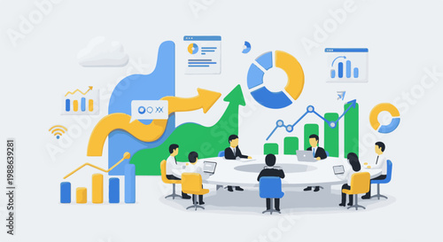 Diverse professionals collaborate around a table, analyzing data visualizations and growth charts