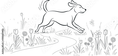 Energetic cartoon dog happily dashes across a winding garden path surrounded by blooming spring flowers and lush green grass for a playful outdoor adventure.