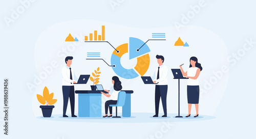 Business professionals collaborate using laptops and analyzing data charts in a modern office