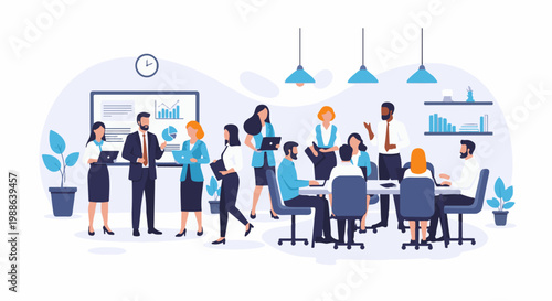 Diverse team collaborates in a modern office setting, discussing charts and graphs