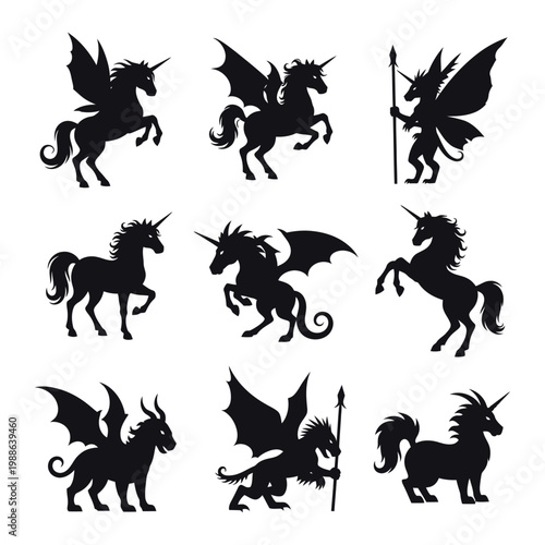 A collection of mythical creatures in black silhouette on a white background