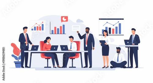 Diverse professionals collaborate around a table, analyzing data on laptops and charts