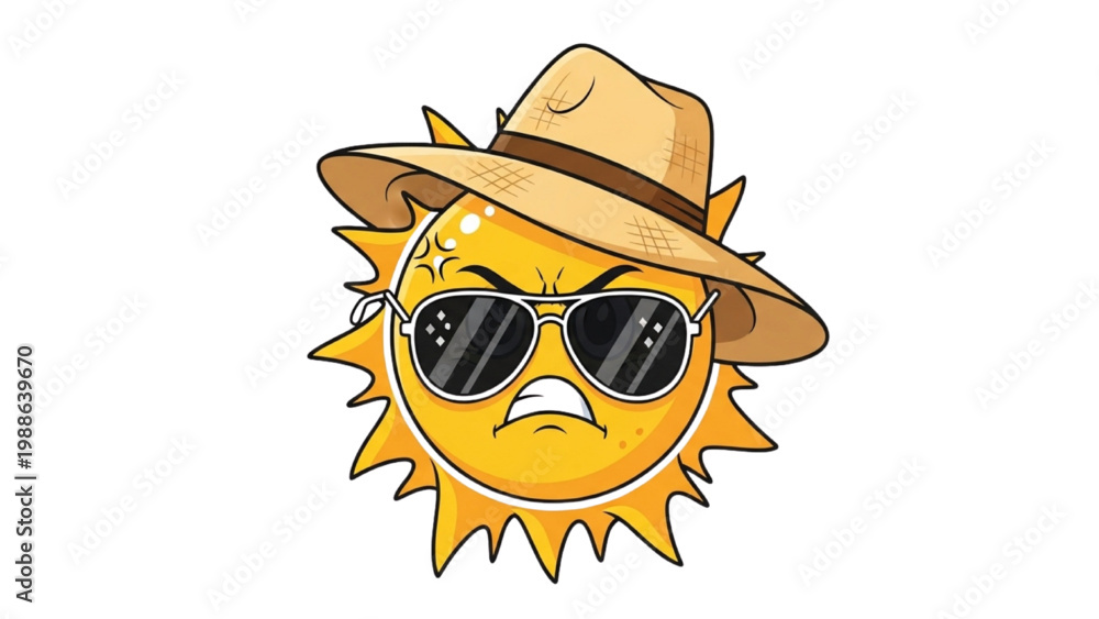 Fototapeta premium Summer Angry Sun Character Illustration – Cute Sun with Hat and Sunglasses Emoji Style Icon