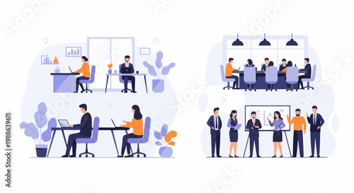 Office interior scenes depicting teamwork and individual work, with people collaborating and presenting