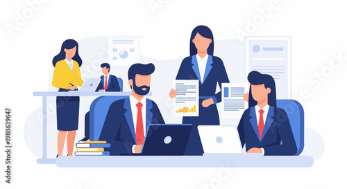 Professionals in a collaborative office setting, reviewing documents and using laptops