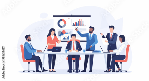 Diverse professionals collaborate around a table, discussing charts on a projector